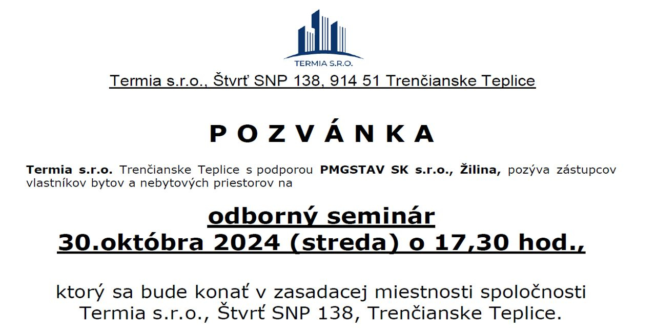 Pozvánka na odborný seminár 30.10.2024 o 17,00 v priestoroch Termia s.r.o.